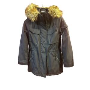 S13 New York Goose Down Parka Black Faux Fur Hood Winter Coat size Small